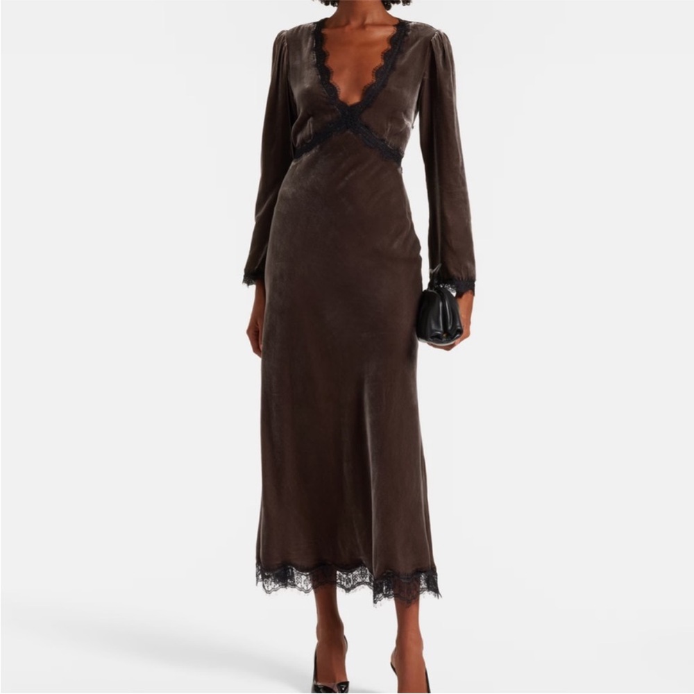 Rixo Dress Alesha Midi Lace-Trim in Crushed Velvet Brown